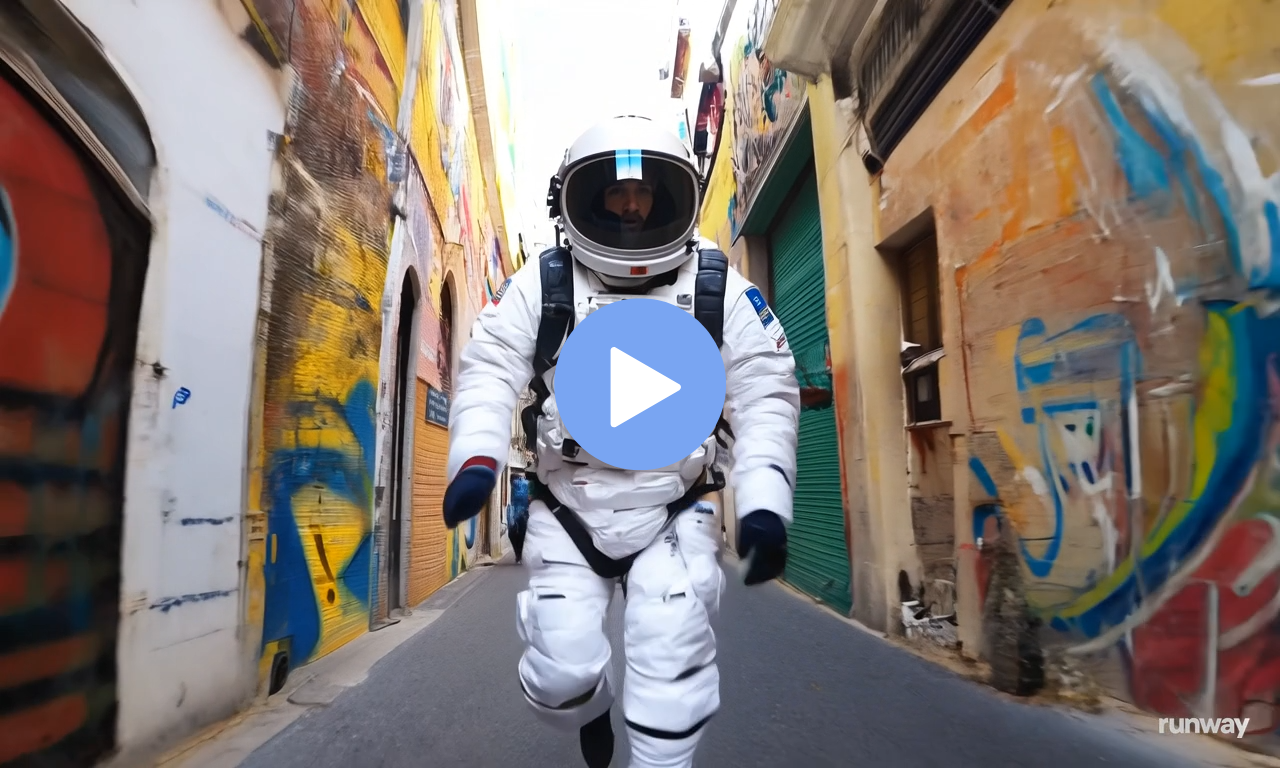 An astronaut running down an alley