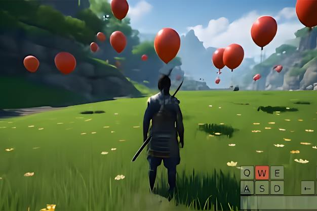  A lone figure stands in a grassy field, surrounded by floating red balloons. The player controls the character using WASD and arrow keys.