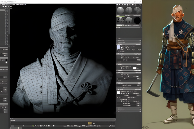 A 3D modeling software with a character model in progress. The character is a blindfolded warrior with detailed clothing and armor. 